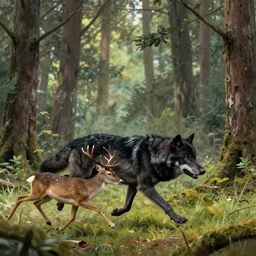 Black, big wolf, chasing deer in forest, art