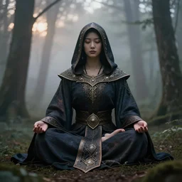 hooded king meditating in a foggy forest at dusk professional photography, d & d, fantasy, intricate, elegant, highly detailed, sharp focus