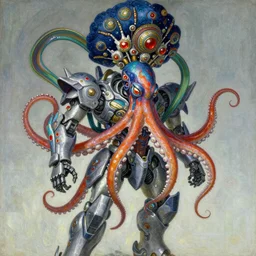 asura from chinese myth, ghost, mecha, wearing a colourful octopus and flows as a hat, gorgeous and huge head ornaments, painted by edgar maxence, edward hopper, wayne barlowe and james gilleard, airbrush, art by jamesjean