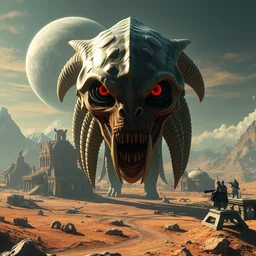 full - face close - up portrait, your mom is a cosmic horror celestial cosmic lovecraft monster by bruce brenneise and peter mohrbacher, ancient alien ruins in background, large exoplanet in the sky, alien planet with craters and mountains and large structures, alien weapons, hyperrealistic stylized digital concept art, 3 d render, neosurrealism, pixel art, rendered in octane, trending on cgsociety, trending on artstation