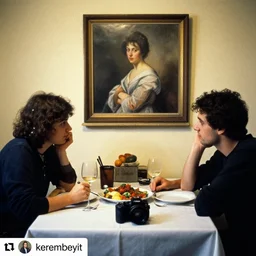 a man and a woman sitting at a table with a plate of food, a picture by kerembeyit, instagram, neo - romanticism, photo taken with ektachrome, dslr, lomo
