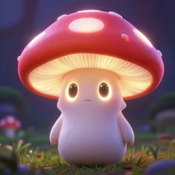 glowing mushroom character with big oval shaped eyes. sharp focus. highly detailed. cute. vibrant. pixar.