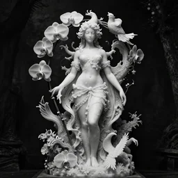 surreal mythical dreamy dark artistic black and white fine art photo of a monumental wax sculpture of a female - orchid - bird - cybor