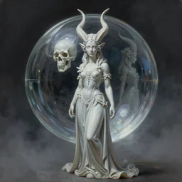 By Tom Bagshaw, ultra realist soft painting render of a beautiful face horned single porcelain female in long curvy gothic dress, looking inside an octane render of a floating transparent glass sphere with a lord of the dead skull portrait, reflection and refraction, symmetry accurate features, very intricate details, deep fog, dark fantasy background, artstation