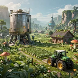 fully detailed landscape of a cyberpunk farm , watertank, futuristic tractors, farmhouse, mushroom, overgrowth,  Ai , cinematic lightening, in the future, high quality, 8k , octane render, trending on artstation , greg rutowski