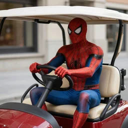 Jordan Peterson dressed as spiderman riding in a golfcart