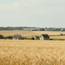 artwork of the cinematic view of normandy with a couple of two scattered small half - timbered houses in vast wheat fields by andreas achenbach landscape view, depth of field, trending on artstation, background, nature