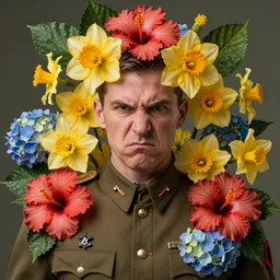 a beautiful portrait photo of a angry military general man in uniform, looking very angry, covered by hibiscus, daffodils, hydrangea, montsera leaves by tom bagshaw and zach sutton, explosion of flowers, very detailed, artstation, 8 k