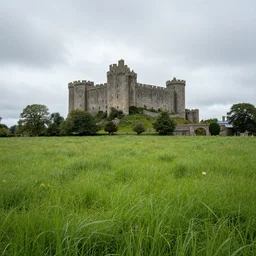 A field of green grass with a castle in the distance, medieval, celtic, ancient