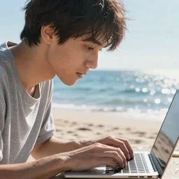 concept art of man working on laptop at sunny beach, perfect face, fine details, by makoto shinkai and studio ghibli and kyoto animation