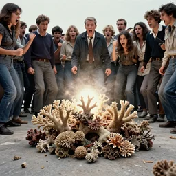 realistic photo of a an angry mob yelling at dead shriveled coral reef on the floor, emitting aura, 1 9 6 0, life magazine photo, natural colors, metropolitan museum, kodak, 8 k, very detailed, high resolution, product photo,