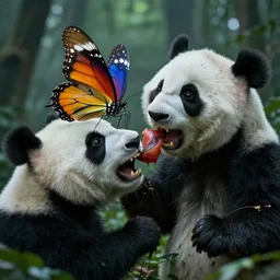 A butterfly being eaten by a zombie panda, still from a horror movie, award-winning, highly detailed