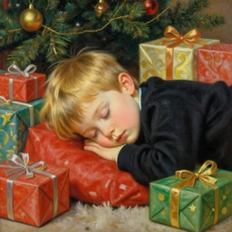 four year old boy with short blonde hair, asleep at christmas. surrounded by gifts. high quality detailed face. beautiful painting by artgerm and greg rutkowski and alphonse mucha