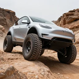 rock crawling, off - road, lifted tesla model y, large tires, photo