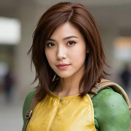 Beautiful close highly detailed portrait of an April O'neil from TMNT cosplayer in her iconic signature main 1987 Yellow news reporter jumpsuit outfit. Award-winning photography. XF IQ4, 150MP, 50mm, f/1.4, ISO 200, 1/160s, natural light, rule of thirds, symmetrical balance, depth layering, polarizing filter, Sense of Depth, AI enhanced