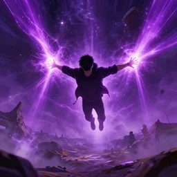 man hovering in the air over a battlefield with his arms out, beams of purple and violet cosmic light shoot out of his hands, beautiful colors or purple and violet surround him, digital art, trending artstation
