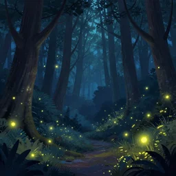 magical forest at night with fireflies, detailed illustration, trending on artstation, complimenting colors