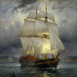oil painting of ship with translucent sail, backlit boat with dramatic storm clouds, harbour in background, foggy, details, decorative, art by anders zorn, wonderful masterpiece by greg rutkowski, beautiful cinematic light, american romanticism by greg manchess, creation by tyler edlin