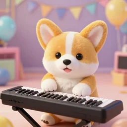 an adorable plush corgui dog playing a keyboard in the middle of a party.