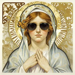 hand-drawn portrait of maria the mother of jesus wearing sunglasses, hyperdetailed ultra intricate art, drawn by alfons mucha