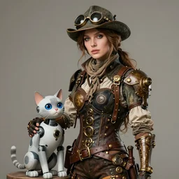 a beautiful portrait of a beautiful steampunk woman and her cute robot cat standing beside her by mario testino, long hair, aged 2 5, swedish, wearing an explorers hat, photo realistic, real life, octane render, trending on artstation