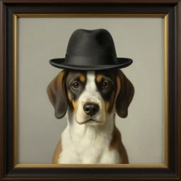 a rene magritte painting of a dog wearing a hat, award winning painting, detailed, surreal, symmetrical, clean, smooth, aesthetic