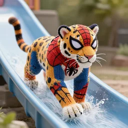 a closeup photorealistic photograph of a colorful knitted spider man themed snow leopard riding down a water slide. splashing. professional capture. bright scene. this 4 k hd image is trending on artstation, featured on behance, well - rendered, extra crisp, features intricate detail, epic composition and the style of unreal engine.