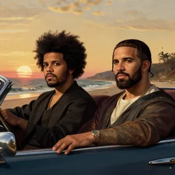 the weeknd and drake driving a car by da vinci, digital art, classical painting, sharp focus, sunset beach, 4 k, restored