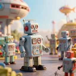 closeup profile portrait of tin toy robots in a retro spacecraft, nicoletta ceccoli, mark ryden, lostfish, max fleischer, depth of field, detailed and intricate environment, golden hour, 8 k resolution, hyperrealistic, octane render, vivid colors, bright, cheerful, detailed and intricate scifi environment