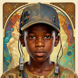 colourful caricature - vfx art - portrait of a nigerian boy wearing a baseball cap with wires and computer chips dangling from inside, art style by james jean, hsiao - ron cheng & alphonse mucha, character concept art, unreal engine render, digital illustration, sharp, intricate detail, volumetric light, ray tracing, soft light, symmetric, pinterest, artstation, behance,