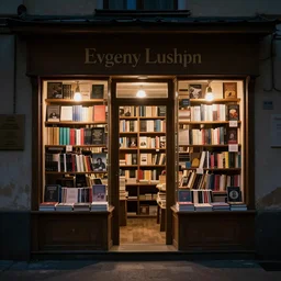 a cosy bookshop at night by Evgeny Lushpin
