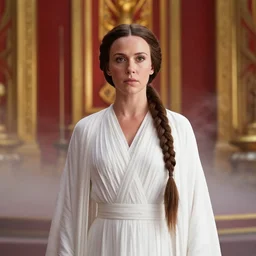 film still of millie bobby brown as princess leia in star wars movie, long braided hair pulled back, closeup portrait, wearing long white robe in a science fiction ivy golden red royal temple, deep focus, glamour pose, dramatic lighting, octane, mist, volumetric lighting, 8 k
