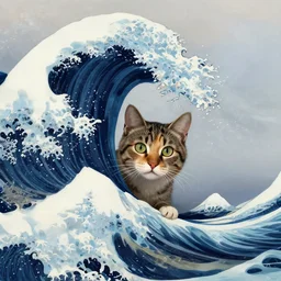 cat peeking out from behind a giant tsunami wave, digital painting, epic composition, highly detailed, 8 k