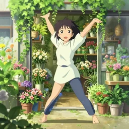 anime visual of woman in a florist's store interior with lush overgrowth, ivy, foliage, flowers, cute face by ilya kuvshinov, makoto shinkai, kyoani, masakazu katsura, dynamic pose, crisp and sharp, yoshinari yoh, rounded eyes, anime poster, cel shaded