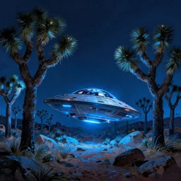 matte painting glowing spaceship in clearing in dense Joshua Tree Forest at night. Forest is lit by eerie blue glow. Ufo. Digital painting. Beeple. Noah Bradley. Cyril Roland trending on artstation.