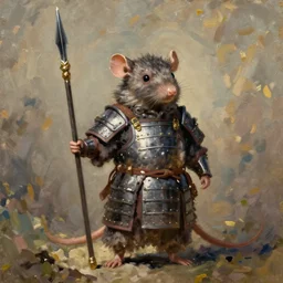 A rat warrior wearing an armor with a spear, oil painting