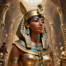 highly detailed portrait of an african egyptian goddess achieving immortality, intricate alien technology, stephen bliss, unreal engine, fantasy art by greg rutkowski, loish, rhads, ferdinand knab, makoto shinkai and lois van baarle, ilya kuvshinov, rossdraws, tom bagshaw, global illumination, radiant light, detailed and intricate environment