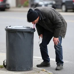 homeless man licking a trash can,