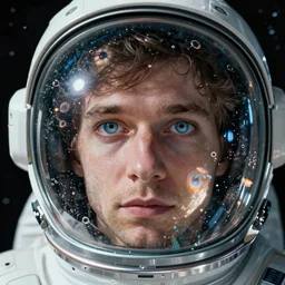 thom yorke singer songwriter in a spacesuit with a waterlined visor, filling with water, air bubbles, dark background, glass - reflecting - stars, space - station light reflections, ultrafine detail, hyper realistic face, beautiful blue - eyes, associated press photo, eyes reflecting into eyes reflecting into infinity, eyes reflecting into eyes reflecting into infinity