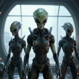 aliens brainsuckers warriors near the giant window inside ufo, masterpiece. rendered in blender, ultra realistic, smooth shading, ultra detailed, high resolution, cinematic, unreal 6, perfect face, cyberpunk, fine details, studio lighting, subtle shadows, art by katsuya terada, photorealism, hyper realism, octane render, hyper detailed, canon eos r 3, f / 1. 4, iso 2 0 0, 1 / 1 6 0 s, medium shot, 8 k, raw, unedited, in - frame,