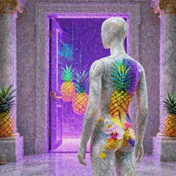 a beautiful mannequin made of onyx printed in 3 d wavetable synthesis, kintsugi!!, facing a giant doorway opening with a neon purple light, vaporwave pineapples + orchids, inside a room with marble columns, transcendent, vibrant color, clean linework, finely detailed, 4 k, trending on artstation, photorealistic, volumetric lighting, octane render