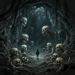 A dark cave littered with the skeltons of various creatures, dreamscape, dramatic lighting, fantasy art illustration, trending on artstation, Aetherpunk