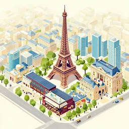 illustration of paris city with bars, restaurant, museum, terrace, offices in the style of pascal blanchet, isometric