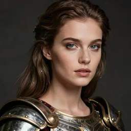 close - up portrait of beautiful model dressed gladiator with metallic armor, art by irina ionesco