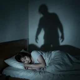 a person sleeping in their bed with a tall shadow person hovering over them, creepy, horror, dark theme