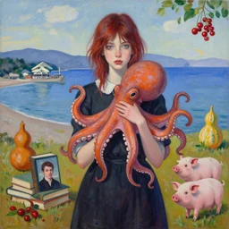 tall emo girl artist holding an octopus, in odawara, books, small portraits, gourds, berries, pigs, acrylic on canvas, surrealist, by magritte and monet