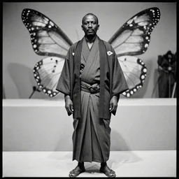 analogue photo of an african chief wearing Japanese Haori & Hakama, african facial features, full body shot, 35mm, f/1.4, black & white, butterfly lighting, national geographic, photographed by Martha Cooper,