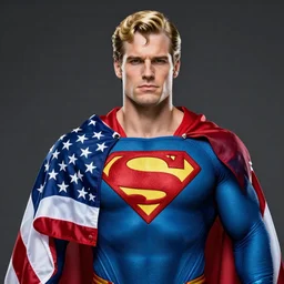 superman blonde and wearing american flag, ultra detailed, realistic, 4 k