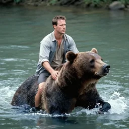 dexter morgan riding a bear in a river grainy photo