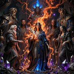 darker shades of forgotten misery and despair by michael whelan and roger dean and quentin massys and hubert robert and greg staples and rudy nappi, beautiful, mythical, scaled robes, highly detailed, hyperrealistic, intricate, energy, orange electricity, blue flame, low light, purple crystals, high contrast, lifelike